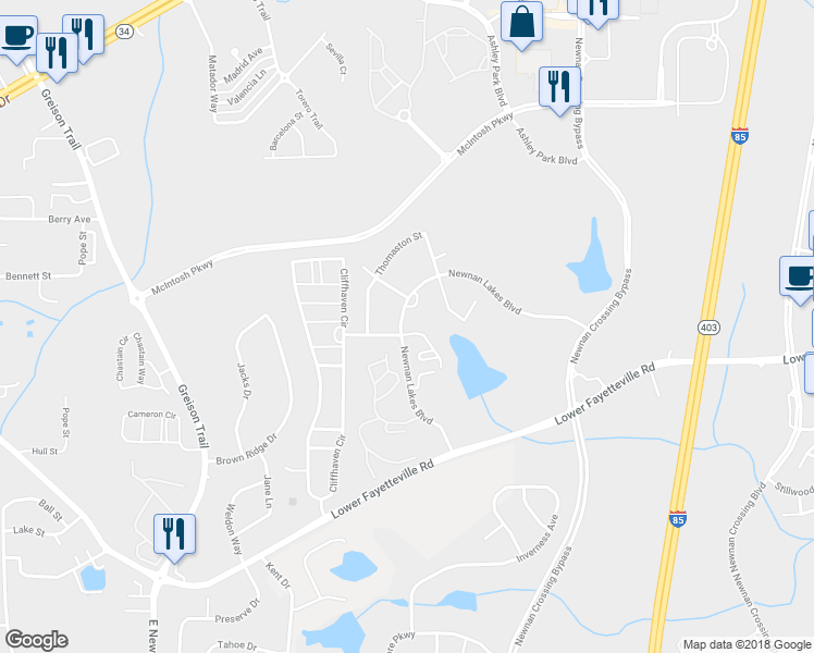 map of restaurants, bars, coffee shops, grocery stores, and more near 40 Newnan Lakes Drive in Newnan