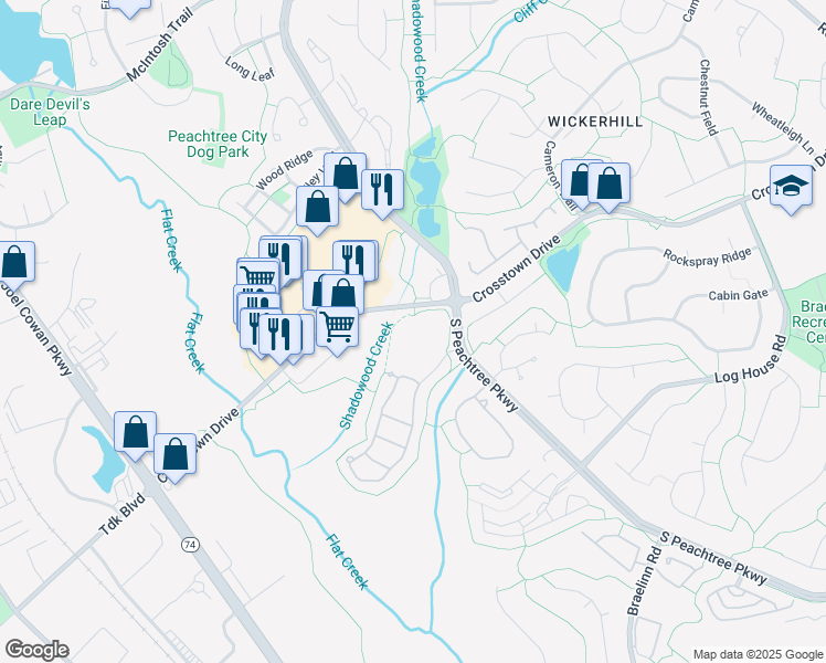 map of restaurants, bars, coffee shops, grocery stores, and more near 201 Crosstown Drive in Peachtree City