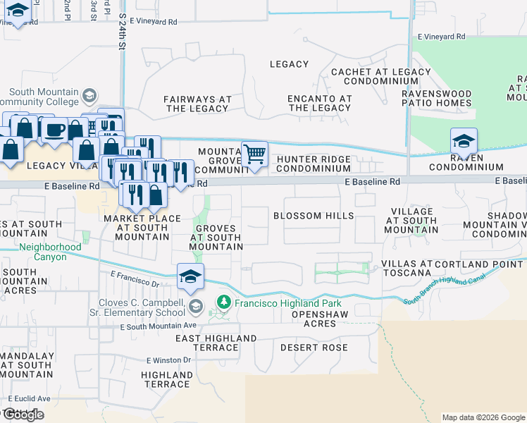 map of restaurants, bars, coffee shops, grocery stores, and more near 2821 East Branham Lane in Phoenix