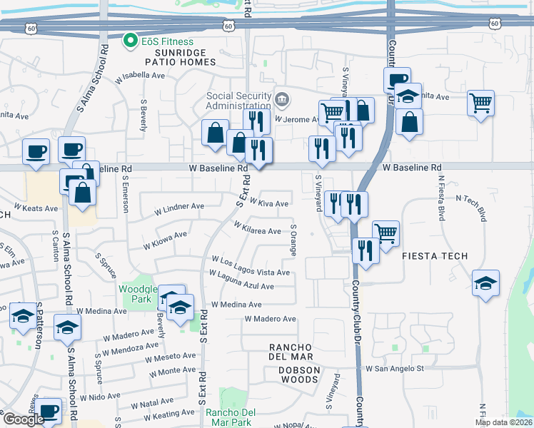 map of restaurants, bars, coffee shops, grocery stores, and more near 622 West Lindner Avenue in Mesa