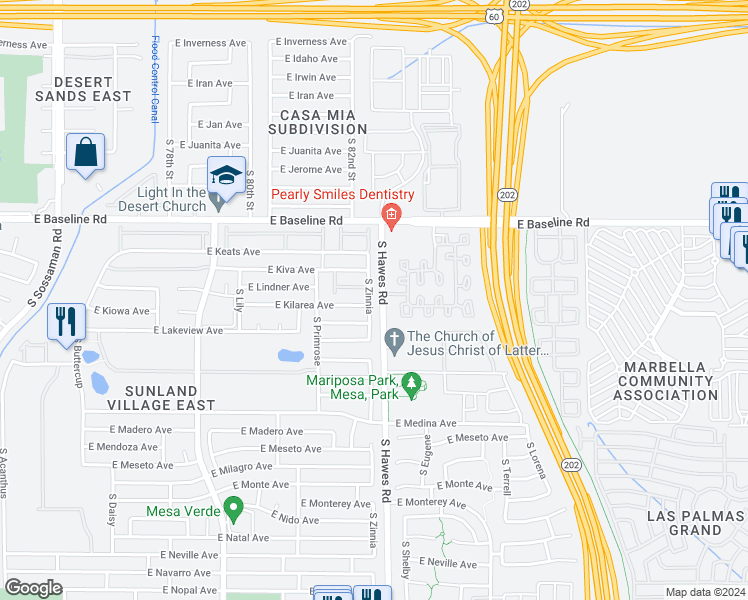 map of restaurants, bars, coffee shops, grocery stores, and more near 2133 South Zinnia in Mesa
