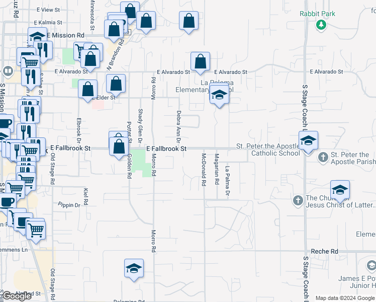 map of restaurants, bars, coffee shops, grocery stores, and more near 1025 East Fallbrook Street in Fallbrook