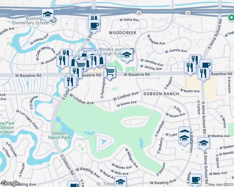 map of restaurants, bars, coffee shops, grocery stores, and more near 1732 West Lindner Avenue in Mesa