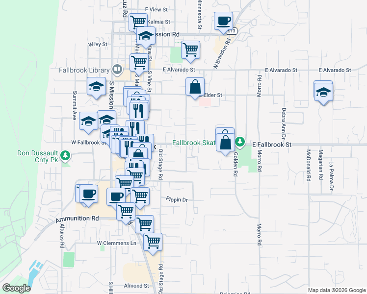 map of restaurants, bars, coffee shops, grocery stores, and more near 437 East Fallbrook Street in Fallbrook