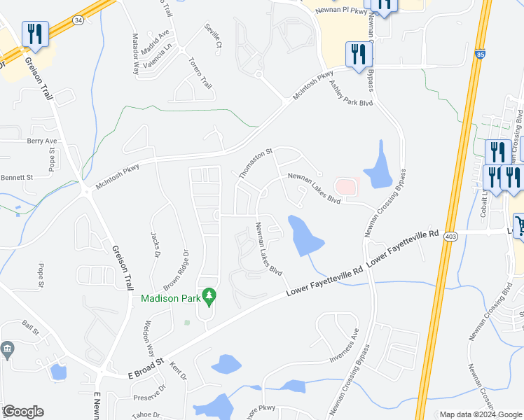 map of restaurants, bars, coffee shops, grocery stores, and more near 44 Newnan Lakes Drive in Newnan