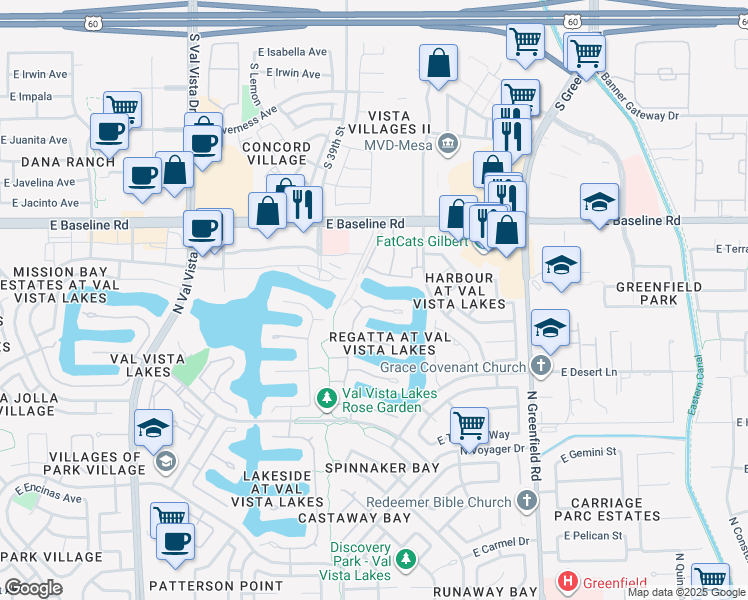 map of restaurants, bars, coffee shops, grocery stores, and more near 2044 East Catamaran Drive in Gilbert
