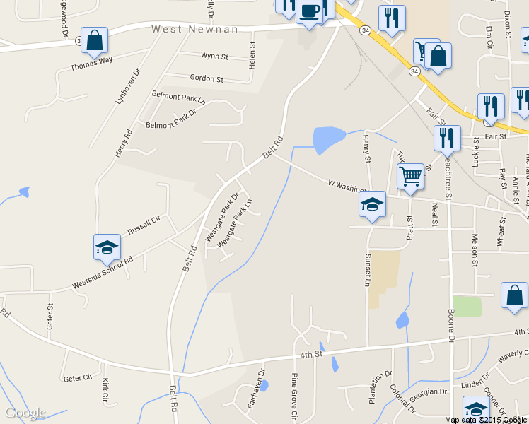 map of restaurants, bars, coffee shops, grocery stores, and more near 10 Westgate Park Court in Newnan