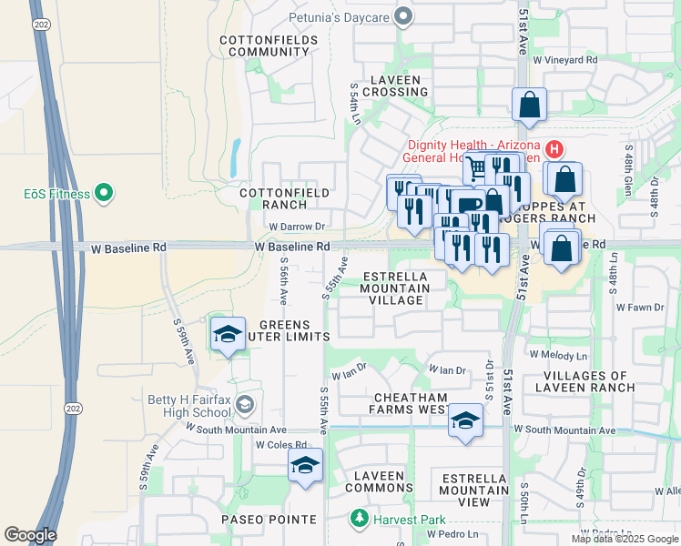map of restaurants, bars, coffee shops, grocery stores, and more near South 55th Avenue in Phoenix