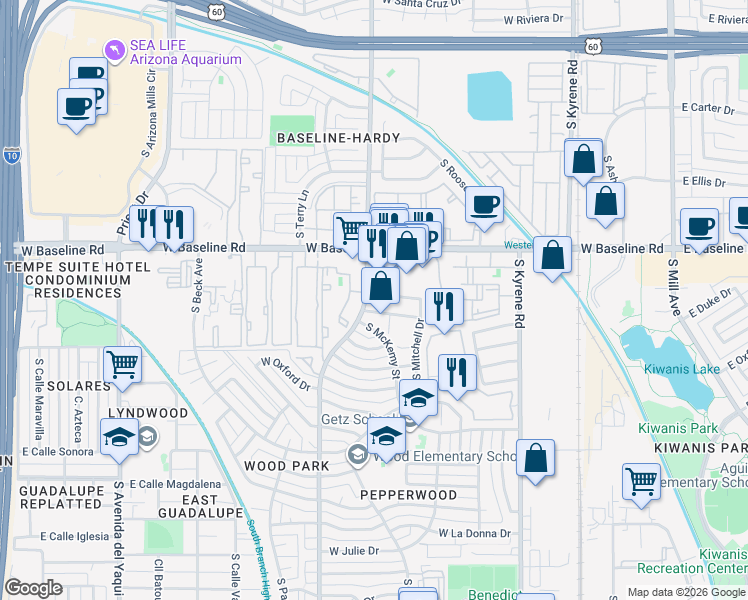 map of restaurants, bars, coffee shops, grocery stores, and more near 851 West Rice Drive in Tempe