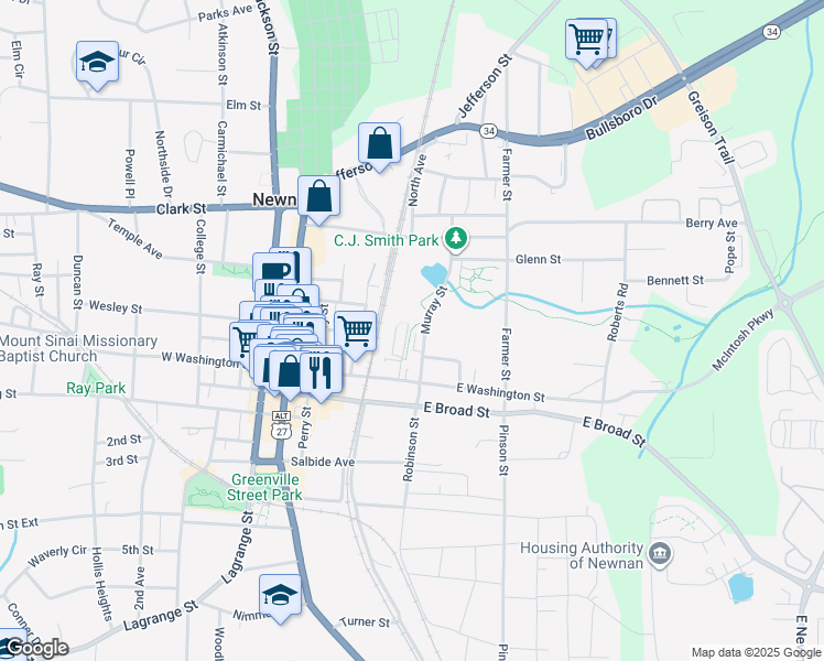 map of restaurants, bars, coffee shops, grocery stores, and more near 77 Field Street in Newnan