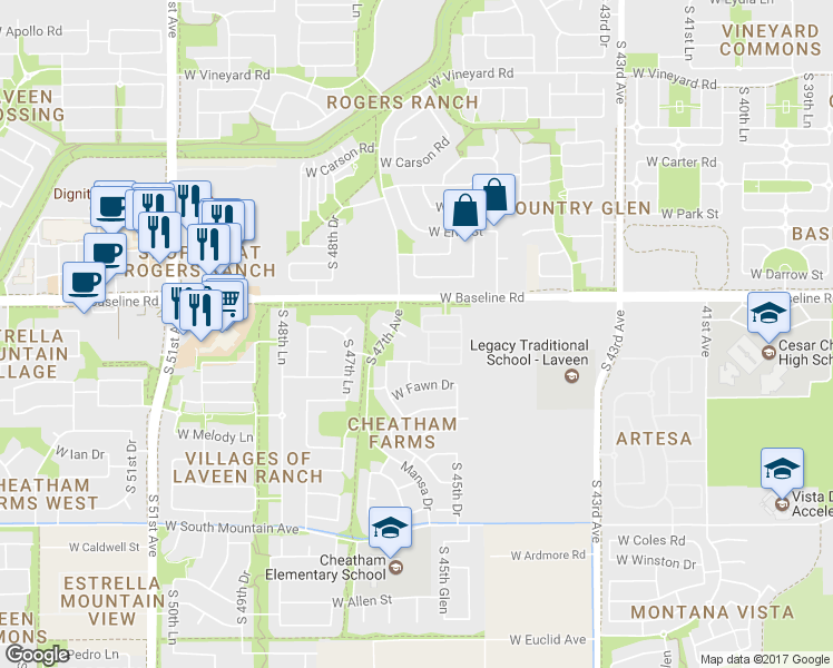 map of restaurants, bars, coffee shops, grocery stores, and more near 4614 West Valencia Drive in Phoenix