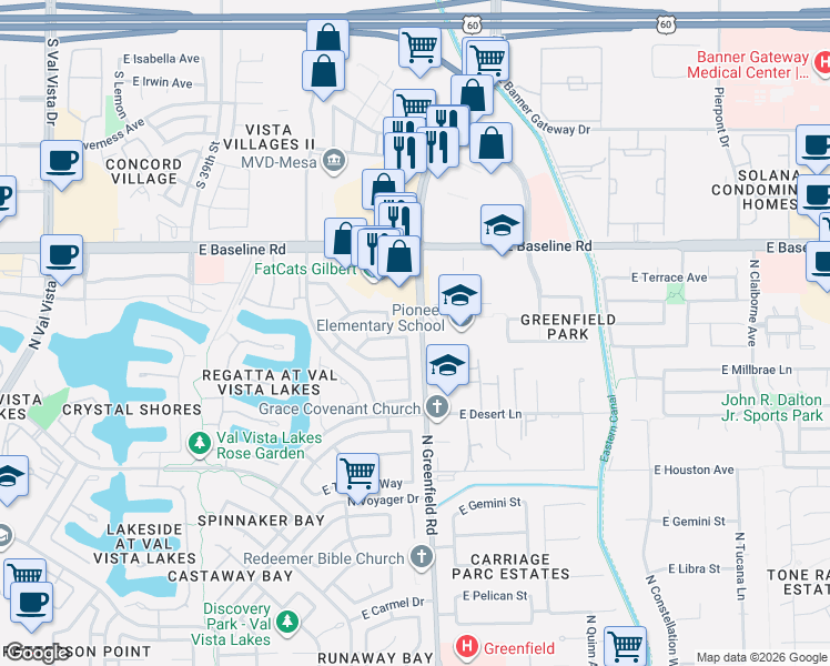map of restaurants, bars, coffee shops, grocery stores, and more near 1405 North Jamaica Way in Gilbert
