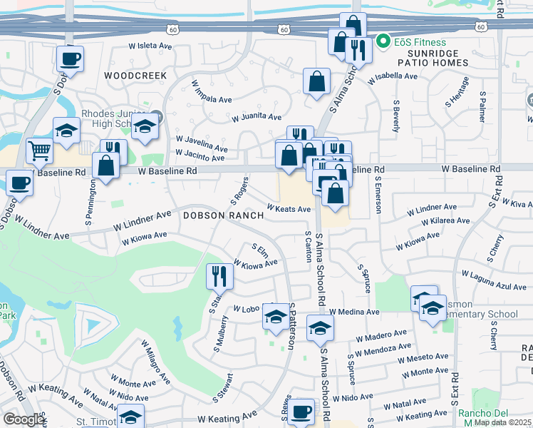 map of restaurants, bars, coffee shops, grocery stores, and more near 1337 West Keats Avenue in Mesa