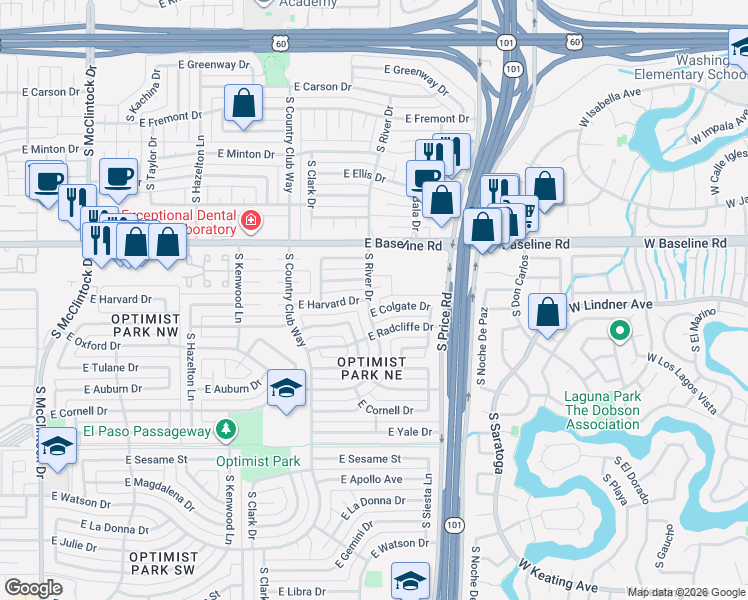 map of restaurants, bars, coffee shops, grocery stores, and more near 5309 South River Drive in Tempe