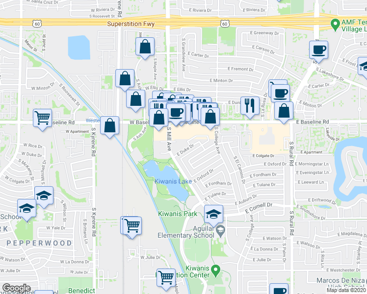 map of restaurants, bars, coffee shops, grocery stores, and more near 112 Deborah Avenue in Tempe