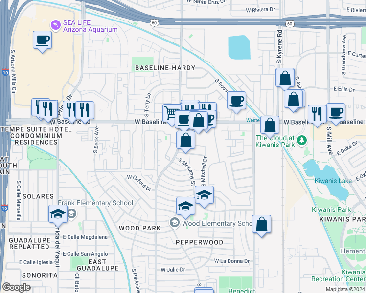map of restaurants, bars, coffee shops, grocery stores, and more near 851 West Rice Drive in Tempe