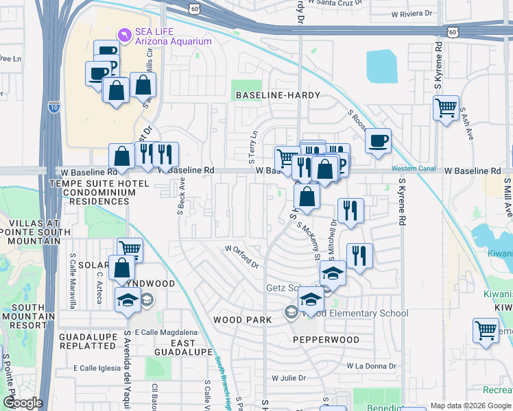 map of restaurants, bars, coffee shops, grocery stores, and more near 0 Tempe Canal Service Road in Mesa