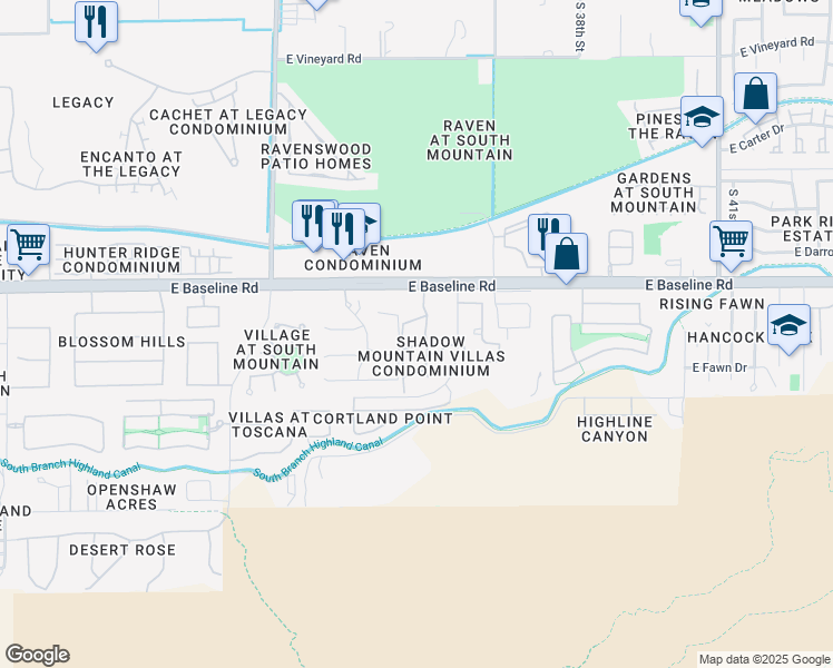 map of restaurants, bars, coffee shops, grocery stores, and more near 3511 East Baseline Road in Phoenix
