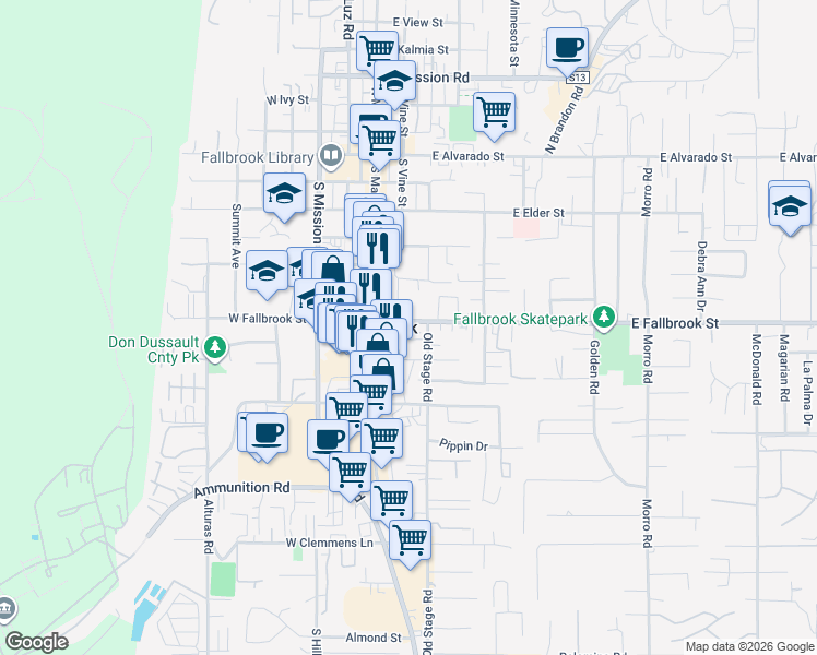 map of restaurants, bars, coffee shops, grocery stores, and more near in Fallbrook