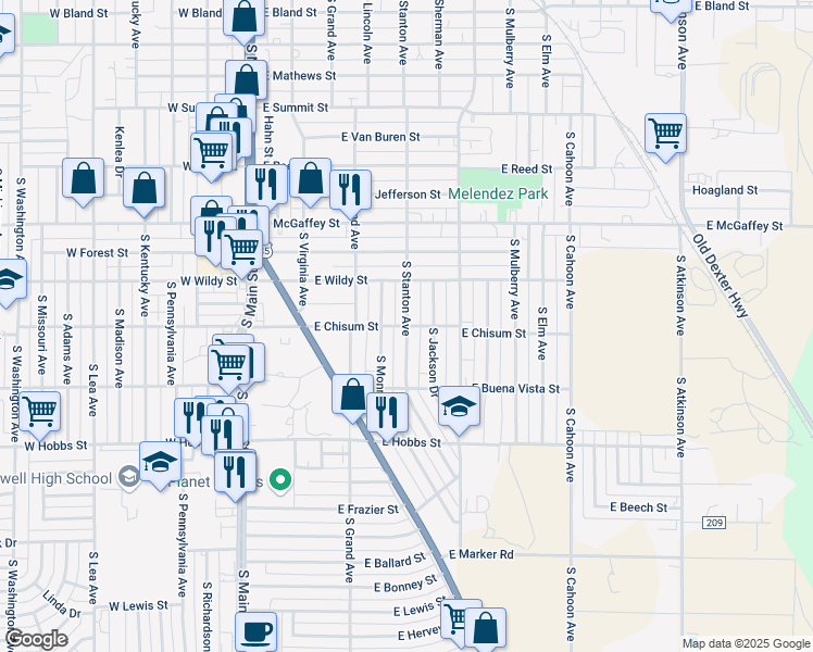 map of restaurants, bars, coffee shops, grocery stores, and more near 1500 South Stanton Avenue in Roswell