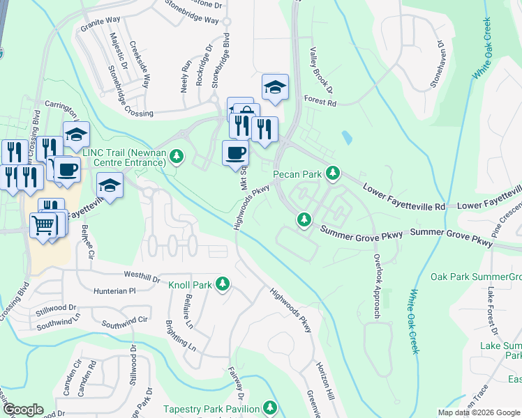 map of restaurants, bars, coffee shops, grocery stores, and more near 6 Forest Point in Newnan