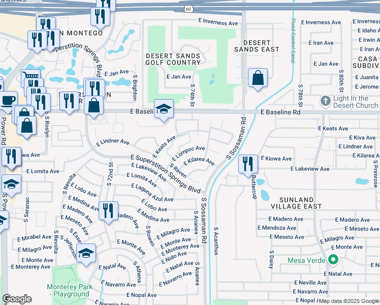 map of restaurants, bars, coffee shops, grocery stores, and more near 7459 East Lompoc Avenue in Mesa