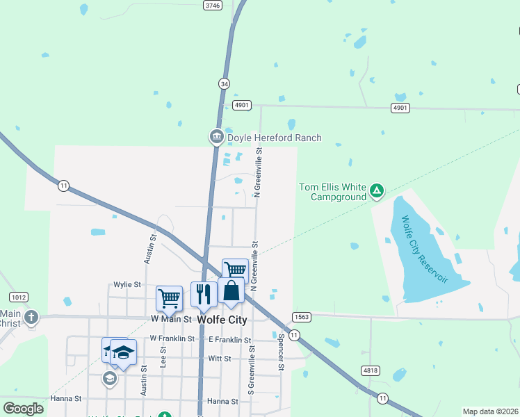 map of restaurants, bars, coffee shops, grocery stores, and more near 9480 North Greenville Street in Wolfe City