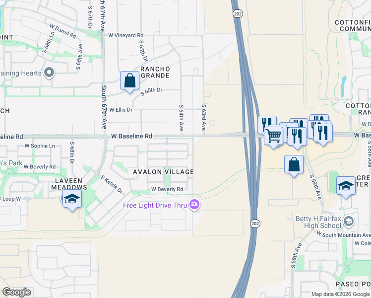map of restaurants, bars, coffee shops, grocery stores, and more near 6314 West Valencia Drive in Phoenix