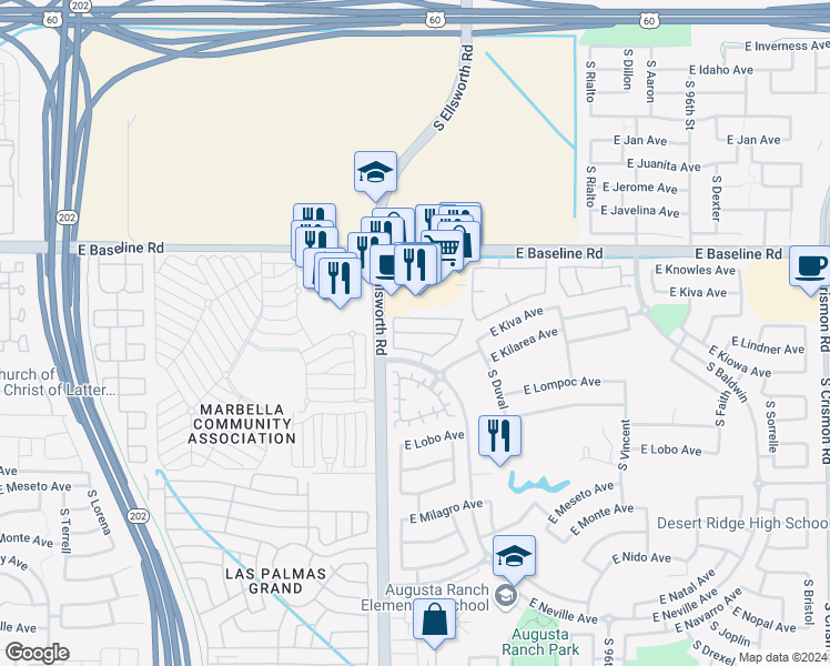 map of restaurants, bars, coffee shops, grocery stores, and more near 9243 East Lindner Avenue in Mesa