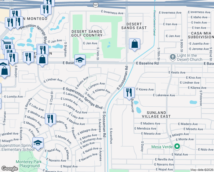 map of restaurants, bars, coffee shops, grocery stores, and more near 7529 East Lompoc Avenue in Mesa