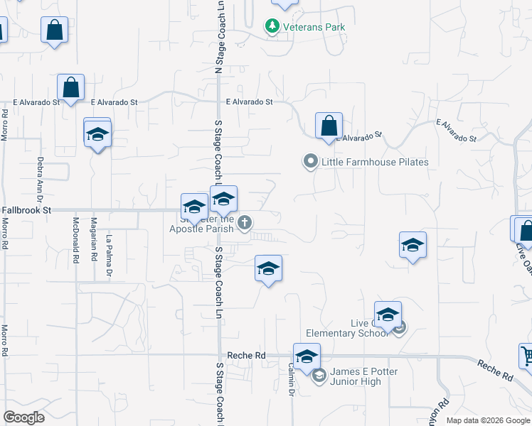 map of restaurants, bars, coffee shops, grocery stores, and more near 1779 East Fallbrook Street in Fallbrook
