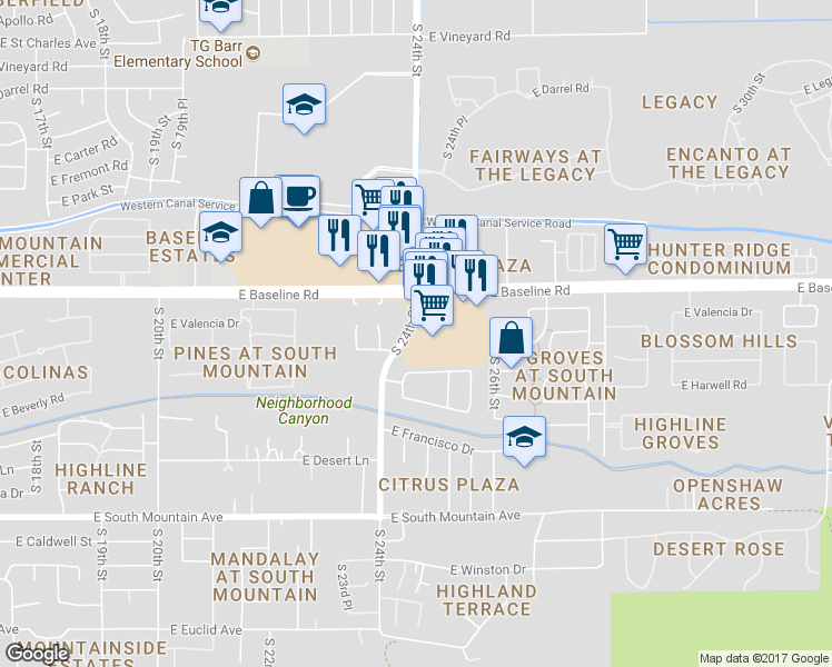 map of restaurants, bars, coffee shops, grocery stores, and more near 7635 South 24th Street in Phoenix