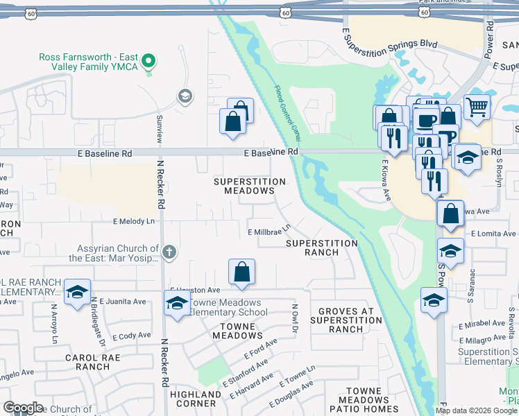 map of restaurants, bars, coffee shops, grocery stores, and more near 4257 East Michelle Avenue in Gilbert
