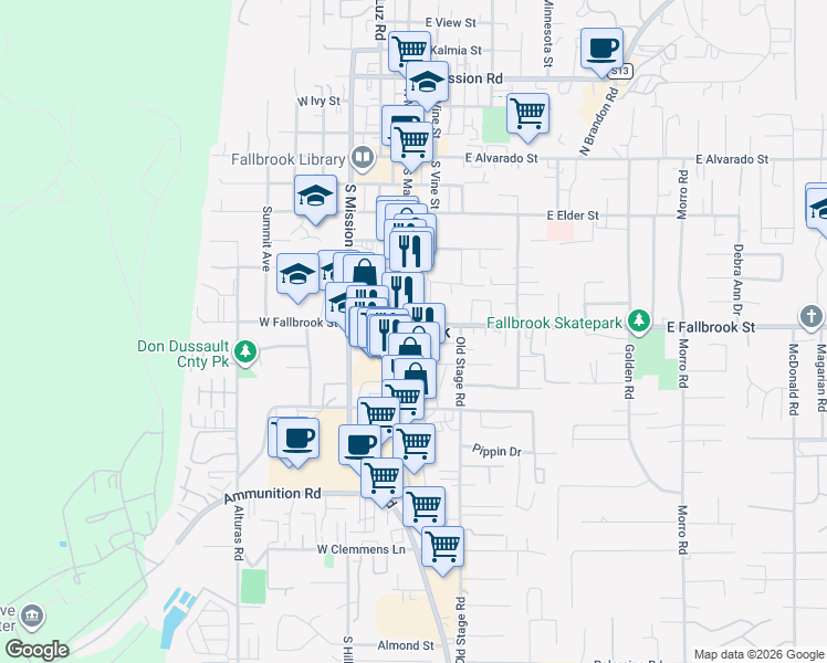 map of restaurants, bars, coffee shops, grocery stores, and more near in Fallbrook
