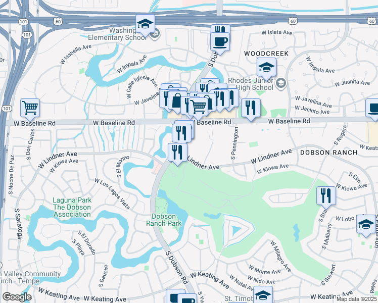 map of restaurants, bars, coffee shops, grocery stores, and more near 1920 West Lindner Avenue in Mesa