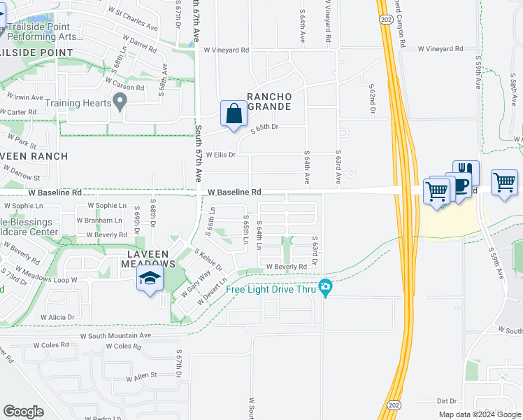 map of restaurants, bars, coffee shops, grocery stores, and more near 6450 West Valencia Drive in Phoenix