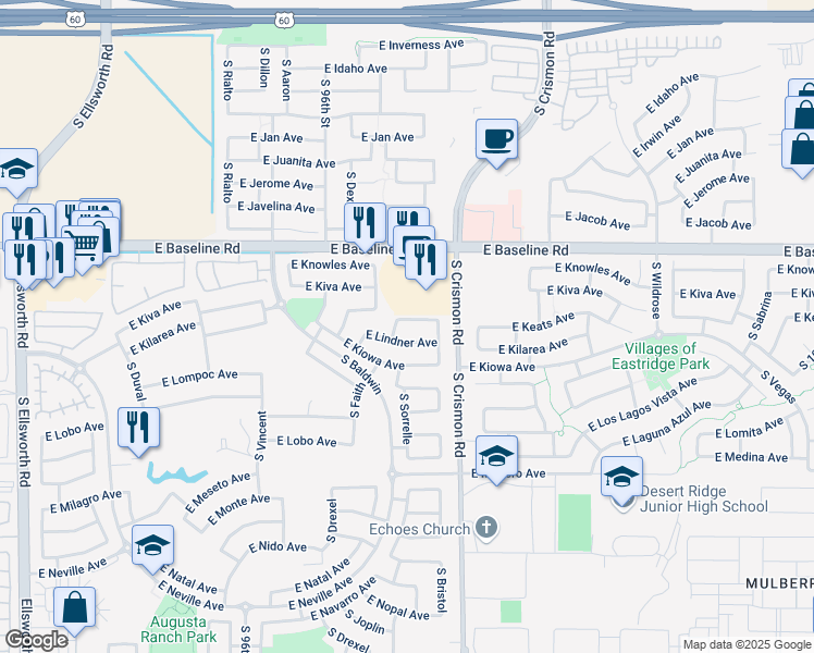 map of restaurants, bars, coffee shops, grocery stores, and more near 9913 East Keats Avenue in Mesa