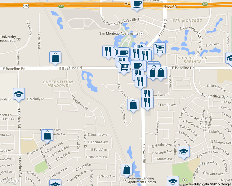 map of restaurants, bars, coffee shops, grocery stores, and more near 4675 East Kelly Drive in Gilbert