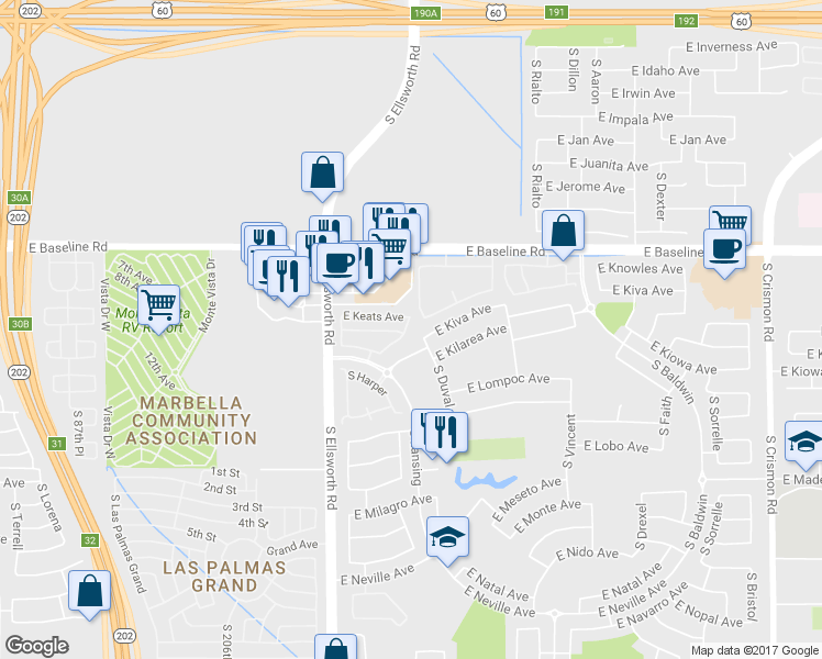 map of restaurants, bars, coffee shops, grocery stores, and more near 2117 South Compton in Mesa