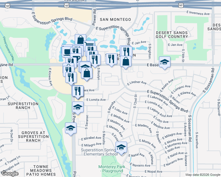 map of restaurants, bars, coffee shops, grocery stores, and more near 2143 S Longwood Cir in Mesa