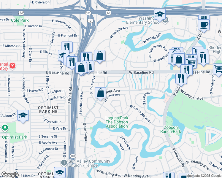 map of restaurants, bars, coffee shops, grocery stores, and more near 2515 West Kilarea Avenue in Mesa