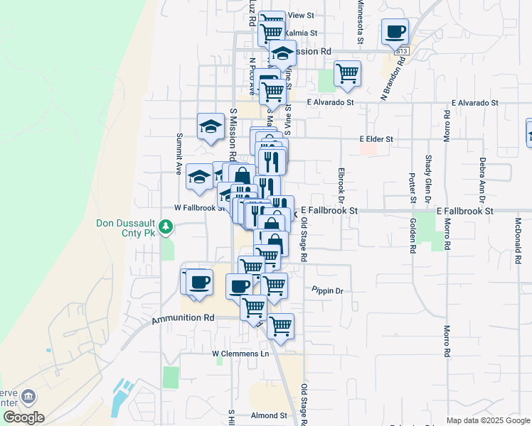 map of restaurants, bars, coffee shops, grocery stores, and more near 130 West Fallbrook Street in Fallbrook