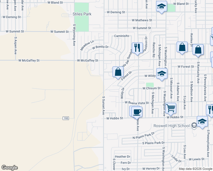 map of restaurants, bars, coffee shops, grocery stores, and more near 1409 South Sunset Avenue in Roswell