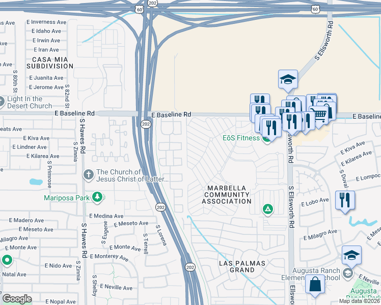 map of restaurants, bars, coffee shops, grocery stores, and more near 8865 East Baseline Road in Mesa
