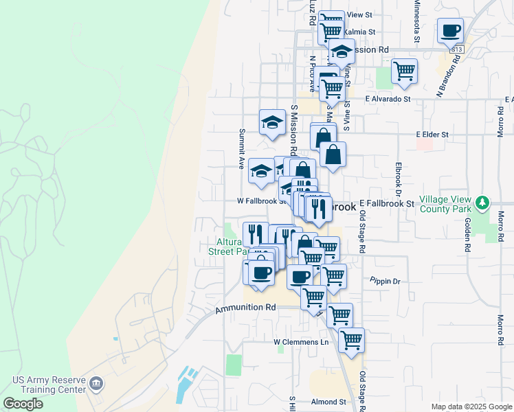 map of restaurants, bars, coffee shops, grocery stores, and more near 500-2 West Fallbrook Street in Fallbrook