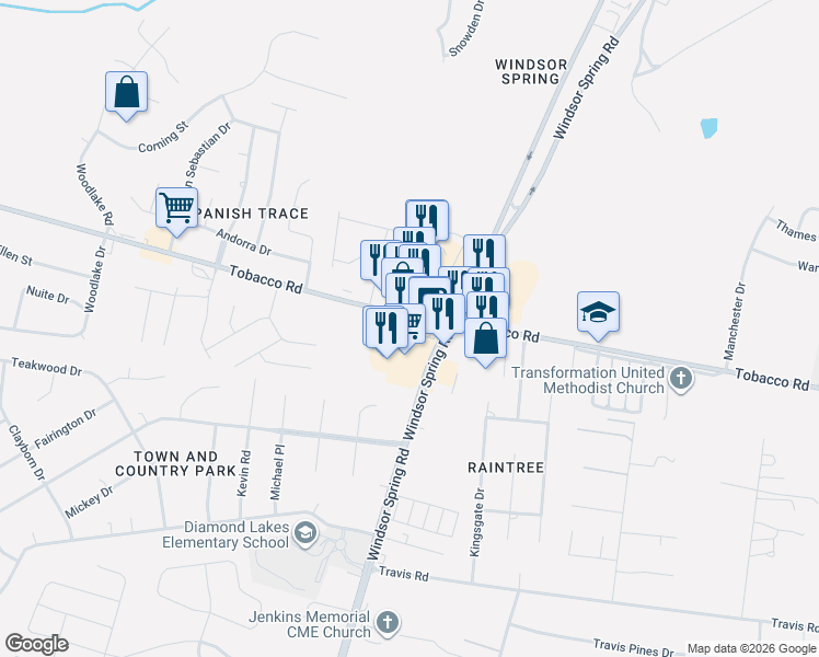 map of restaurants, bars, coffee shops, grocery stores, and more near 2508 Tobacco Road in Hephzibah
