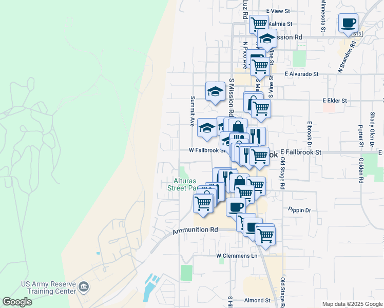 map of restaurants, bars, coffee shops, grocery stores, and more near 520 West Fallbrook Street in Fallbrook