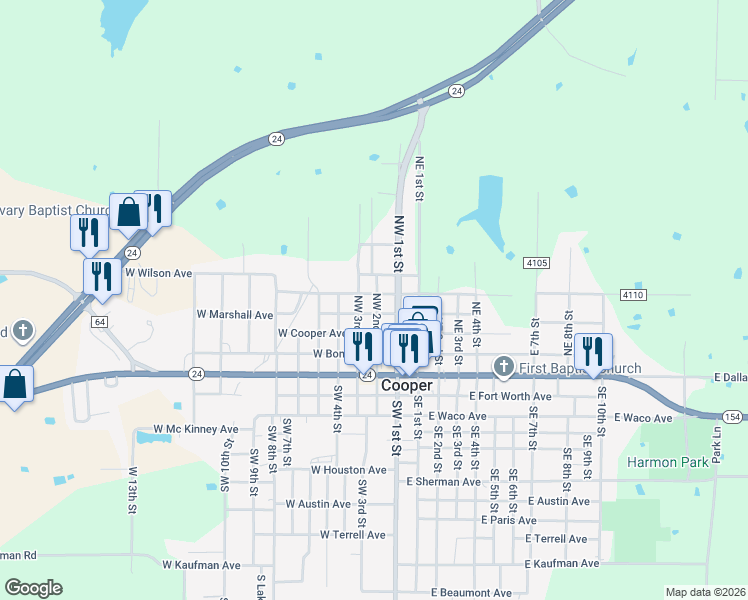 map of restaurants, bars, coffee shops, grocery stores, and more near 311 Northwest 2nd Street in Cooper