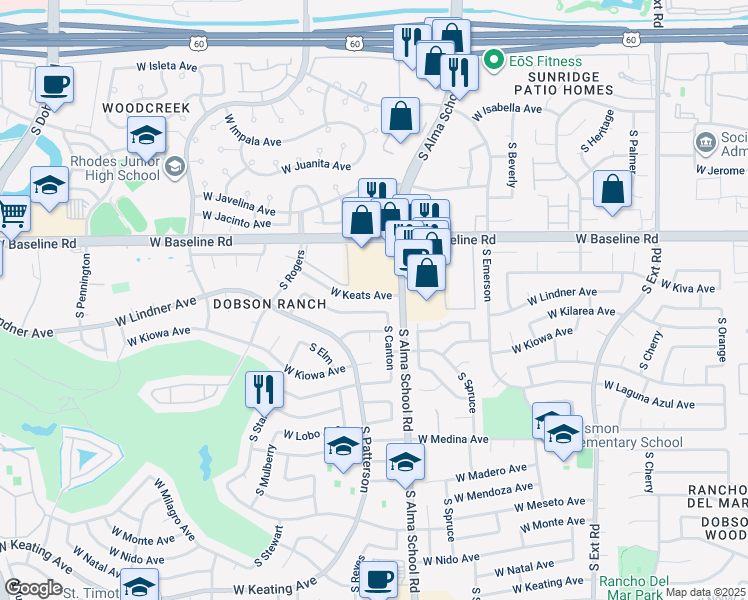 map of restaurants, bars, coffee shops, grocery stores, and more near 1249 West Keats Avenue in Mesa