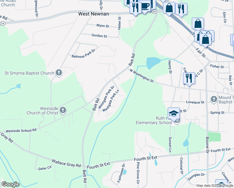 map of restaurants, bars, coffee shops, grocery stores, and more near 1 Westgate Park Court in Newnan